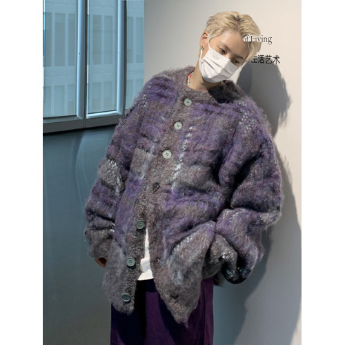 美式復古彩色編織馬海毛開衫毛衣男女潮牌情侶外套撞色拼接針織衫 美式復古彩色編織馬海毛開衫毛衣男女潮牌情侶外套撞色拼接針織衫