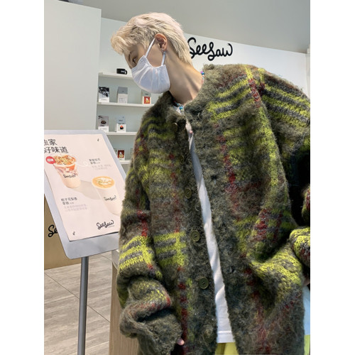 美式復古彩色編織馬海毛開衫毛衣男女潮牌情侶外套撞色拼接針織衫 美式復古彩色編織馬海毛開衫毛衣男女潮牌情侶外套撞色拼接針織衫