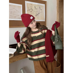 聖誕氛圍感羊毛撞色圓領短款條紋針織毛衣女冬季氣質百搭顯瘦上衣