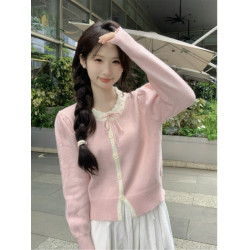 時尚溫柔粉色毛衣外套女秋季2025新款蝴蝶結寬鬆軟糯甜美針織開衫