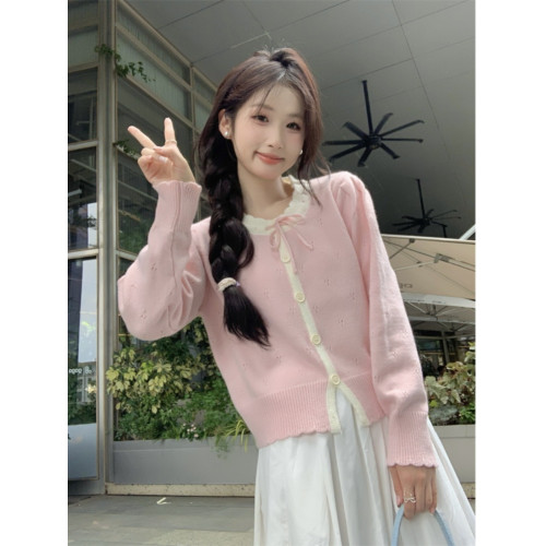 時尚溫柔粉色毛衣外套女秋季2025新款蝴蝶結寬鬆軟糯甜美針織開衫