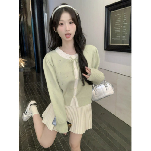 時尚溫柔粉色毛衣外套女秋季2025新款蝴蝶結寬鬆軟糯甜美針織開衫