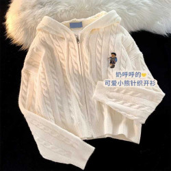 短款連帽針織開衫女秋冬2024新款小個子溫柔慵懶風外穿毛衣外套