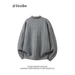 老錢風polo領毛衣男冬美式復古翻領麻花針織衫高街休閒情侶套頭衫