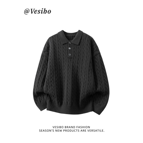 老錢風polo領毛衣男冬美式復古翻領麻花針織衫高街休閒情侶套頭衫