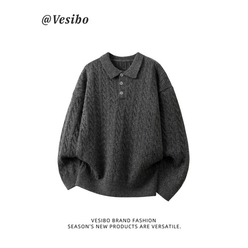 老錢風polo領毛衣男冬美式復古翻領麻花針織衫高街休閒情侶套頭衫