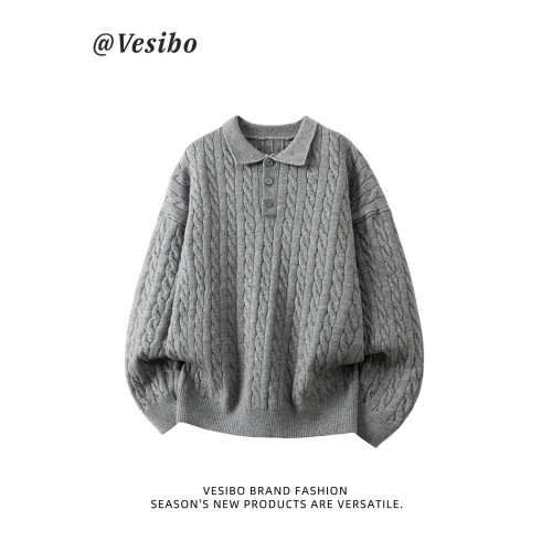 老錢風polo領毛衣男冬美式復古翻領麻花針織衫高街休閒情侶套頭衫