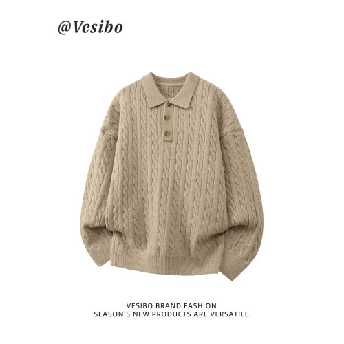 老錢風polo領毛衣男冬美式復古翻領麻花針織衫高街休閒情侶套頭衫