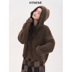 花田櫥窗HTmeme 香草冰淇淋~秋冬連帽設計針織毛衣加厚罩衫上衣女