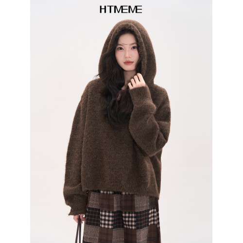 花田櫥窗HTmeme 香草冰淇淋~秋冬連帽設計針織毛衣加厚罩衫上衣女