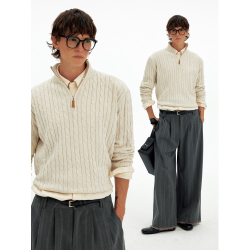 MADWITCH美式復古絞花半拉鍊毛衣男女秋冬休閒慵懶風軟糯針織衫潮