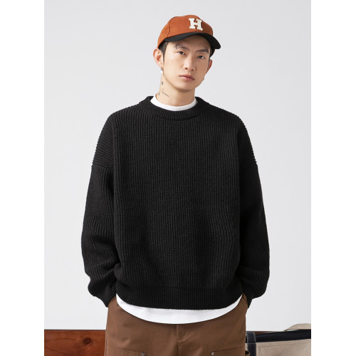 WASSUP復古日系純色百搭圓領毛衣打底衫男秋季寬松提花針織上衣服