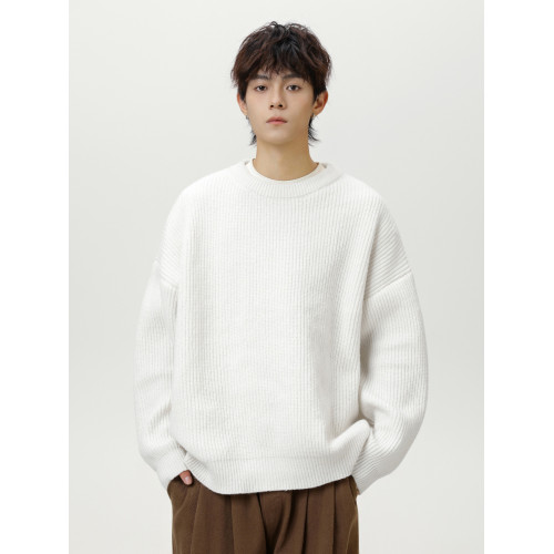 WASSUP復古日系純色百搭圓領毛衣打底衫男秋季寬松提花針織上衣服