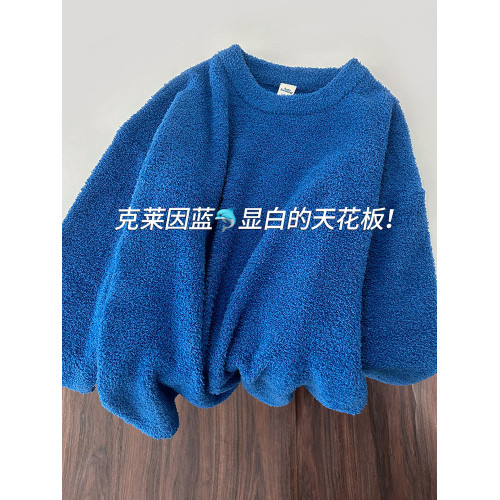 搭念重磅克萊因藍純色絨感套頭毛衣女寬松保暖打底針織衫男秋冬