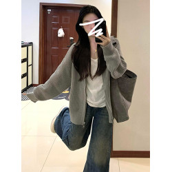 韓系慵懶風灰色長袖針織毛衣衛衣外套女2025秋冬新款早秋寬松上衣