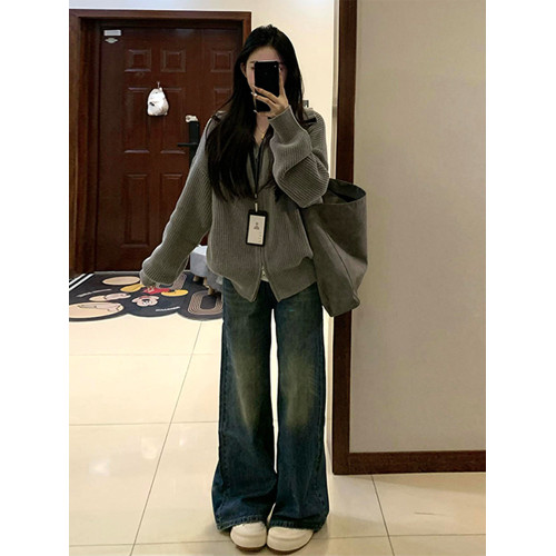 韓系慵懶風灰色長袖針織毛衣衛衣外套女2025秋冬新款早秋寬松上衣 韓系慵懶風灰色長袖針織毛衣衛衣外套女2025秋冬新款早秋寬松上衣