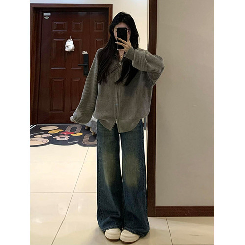 韓系慵懶風灰色長袖針織毛衣衛衣外套女2025秋冬新款早秋寬松上衣 韓系慵懶風灰色長袖針織毛衣衛衣外套女2025秋冬新款早秋寬松上衣