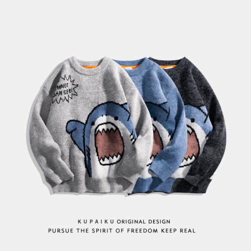 卡通圓領毛衣男秋冬潮ins春秋款復古日系感加厚大碼胖子針織衫