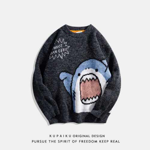 卡通圓領毛衣男秋冬潮ins春秋款復古日系感加厚大碼胖子針織衫