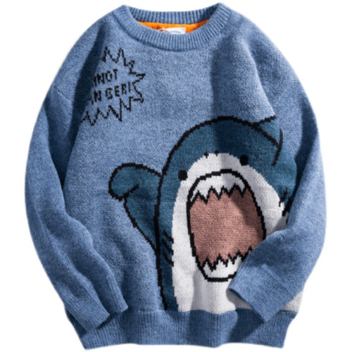 卡通圓領毛衣男秋冬潮ins春秋款復古日系感加厚大碼胖子針織衫