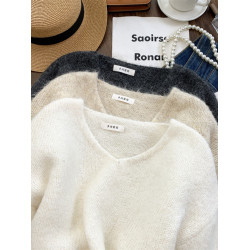 專櫃撤迴大牌剪標女裝慵懶風復古V領套頭毛衣女秋冬寬松針織上衣