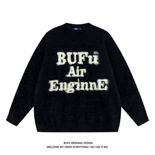 億萬少年BUFU國潮美式字母毛衣男女秋冬季加厚高街情侶針織衫上衣