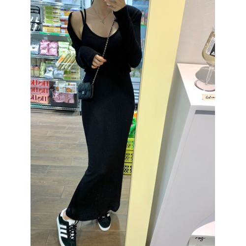 韓國chic春季法式純欲風長袖開衫外套+針織包臀吊帶連衣裙兩件套 韓國chic春季法式純欲風長袖開衫外套+針織包臀吊帶連衣裙兩件套