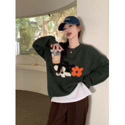 秋冬新款寬松顯瘦套頭毛衣女韓系ins復古花朵爆款長袖針織衫上衣