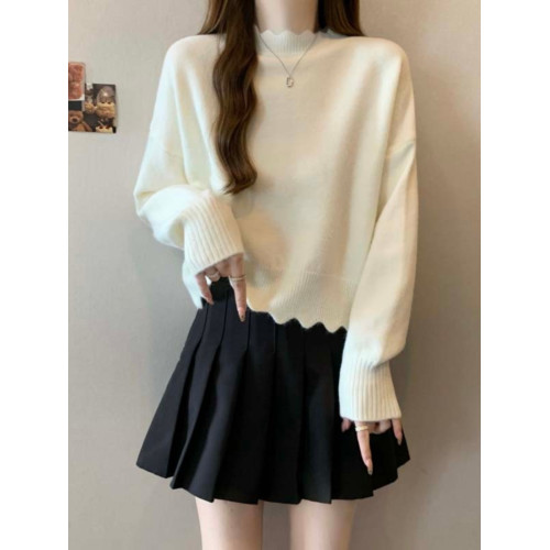 法式不規則半高領毛衣女秋冬胖mm寬松顯瘦短款打底內搭針織衫上衣 法式不規則半高領毛衣女秋冬胖mm寬松顯瘦短款打底內搭針織衫上衣