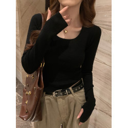 小個子短款氣質優雅純色方領螺紋長袖毛衣打底女2025春秋內搭上衣