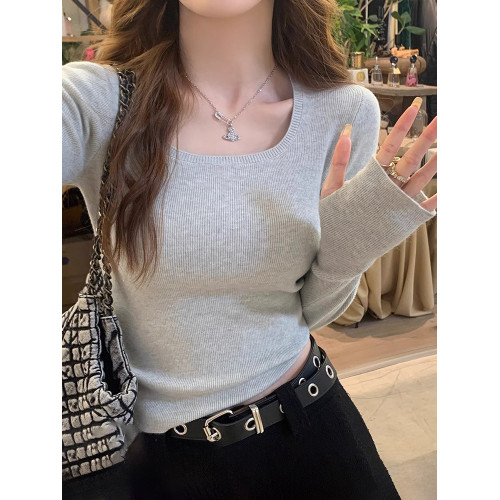 小個子短款氣質優雅純色方領螺紋長袖毛衣打底女2025春秋內搭上衣