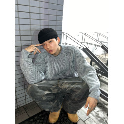 富士見 美式復古純色圓領毛衣男秋冬慵懶風插肩袖針織衫外套潮流