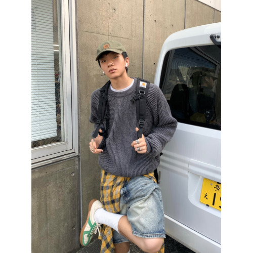 富士見 美式復古純色圓領毛衣男秋冬慵懶風插肩袖針織衫外套潮流