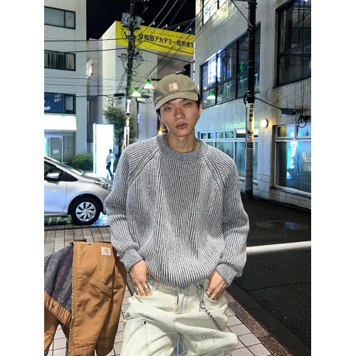 富士見 美式復古純色圓領毛衣男秋冬慵懶風插肩袖針織衫外套潮流