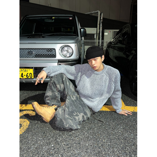 富士見 美式復古純色圓領毛衣男秋冬慵懶風插肩袖針織衫外套潮流