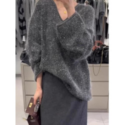 歐貨重工高級感灰色亮片v領毛衣女秋冬寬松慵懶風中長款針織上衣