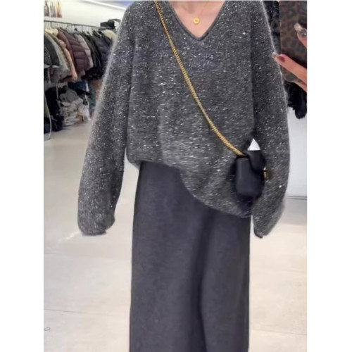歐貨重工高級感灰色亮片v領毛衣女秋冬寬松慵懶風中長款針織上衣 歐貨重工高級感灰色亮片v領毛衣女秋冬寬松慵懶風中長款針織上衣