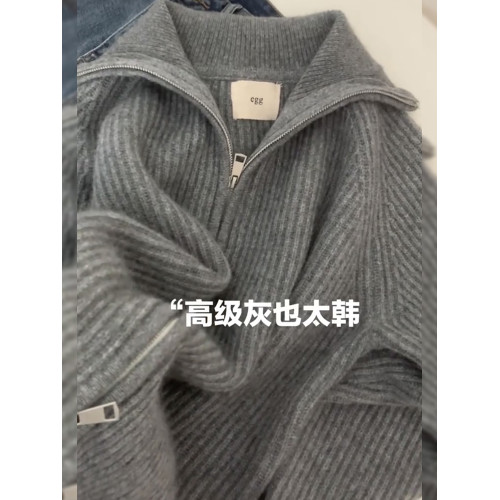 秋冬季大碼高領拉鍊針織開衫寬松胖mm慵懶風設計感翻領毛衣外套女 秋冬季大碼高領拉鍊針織開衫寬松胖mm慵懶風設計感翻領毛衣外套女