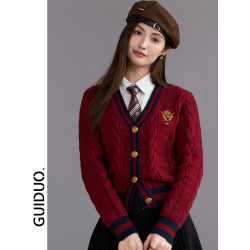 紅色毛衣女款2025新款冬季加厚新年紅學院風撞色短款針織開衫上衣