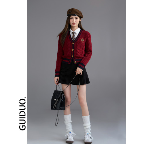 紅色毛衣女款2025新款冬季加厚新年紅學院風撞色短款針織開衫上衣