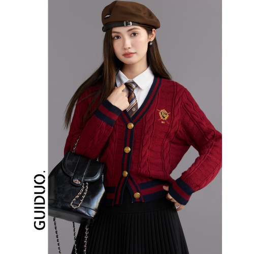 紅色毛衣女款2025新款冬季加厚新年紅學院風撞色短款針織開衫上衣