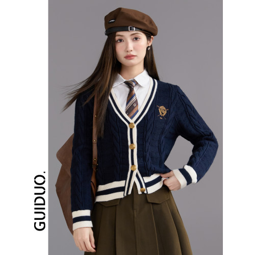 紅色毛衣女款2025新款冬季加厚新年紅學院風撞色短款針織開衫上衣