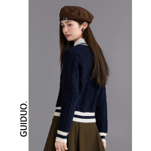 紅色毛衣女款2025新款冬季加厚新年紅學院風撞色短款針織開衫上衣