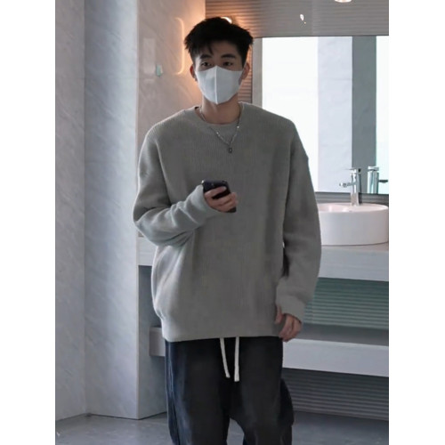 cleanfit灰色圓領毛衣男款秋冬季加絨內搭打底衫美式復古潮牌外套