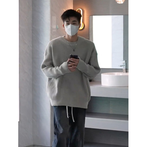 cleanfit灰色圓領毛衣男款秋冬季加絨內搭打底衫美式復古潮牌外套