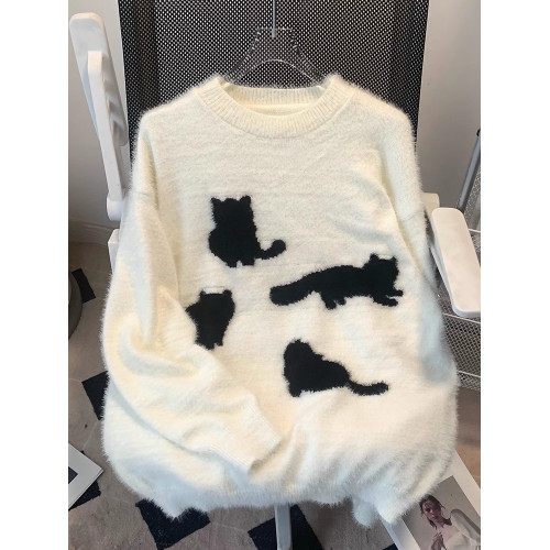 貓咪馬海毛毛衣男女情侶秋冬潮牌美式復古寬松慵懶針織衫 貓咪馬海毛毛衣男女情侶秋冬潮牌美式復古寬松慵懶針織衫