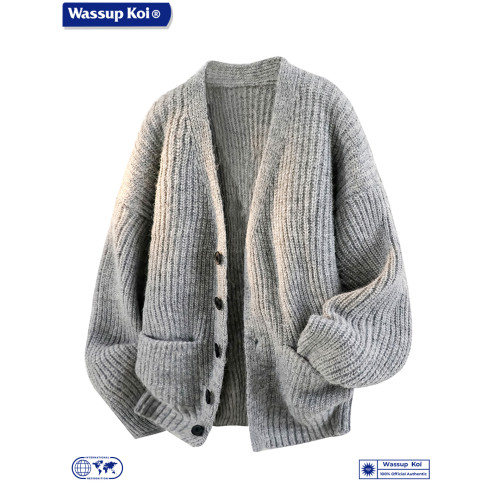 WASSUP KOI日系慵懶風V領開衫毛衣男春秋針織衫情侶百搭保暖外套