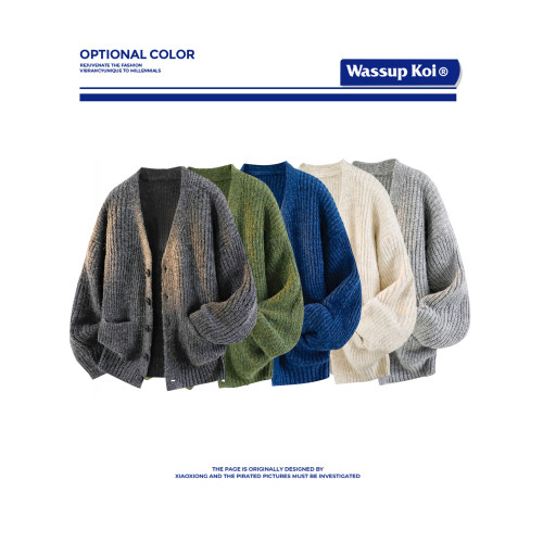 WASSUP KOI日系慵懶風V領開衫毛衣男春秋針織衫情侶百搭保暖外套