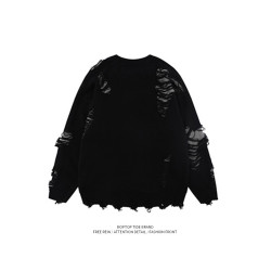 WHXS潮牌刀割破洞毛衣字母提花潮牌hiphop情侶針織衫上衣