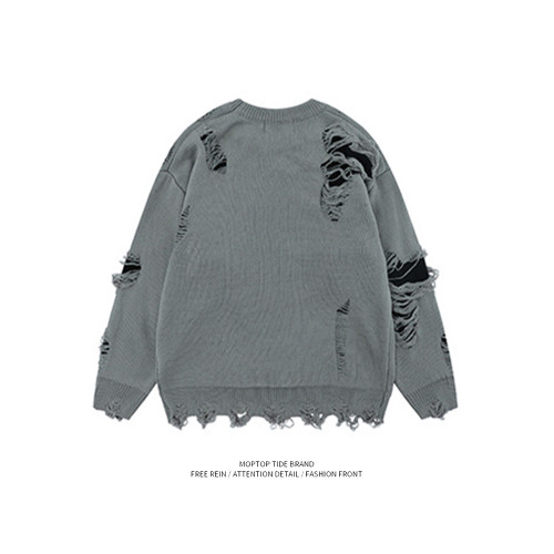 WHXS潮牌刀割破洞毛衣字母提花潮牌hiphop情侶針織衫上衣